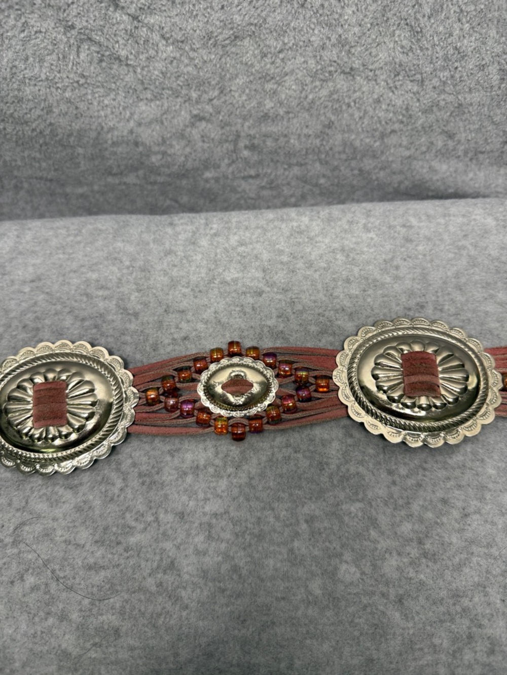 Vintage-Style Rose Boho/Western Fusion Tie-Style Belt Conchos & Beads 59” Long - Picture 2 of 5